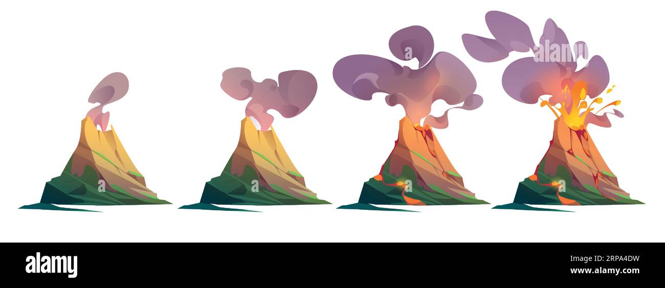 Animation vectorielle de dessin animé volcan avec lave, fumée. Illustration du paysage isolé du cratère magma et de l'île de montagne. feuille de sprite d'application de jeu vidéo d'éruption volcanique et clipart infographique explosive Illustration de Vecteur