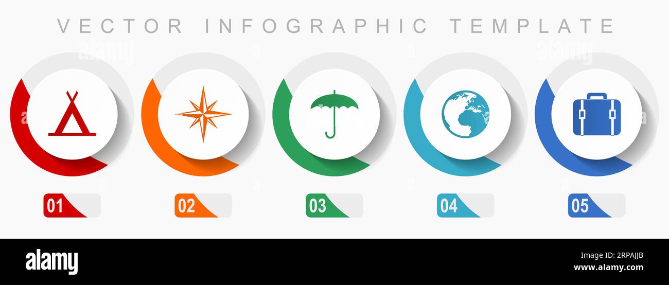 Jeu d'icônes d'aventure, icônes diverses telles que tente, navigation, parapluie, globe et cas, modèle d'infographie vectorielle de conception plate, boutons Web en 5 Illustration de Vecteur