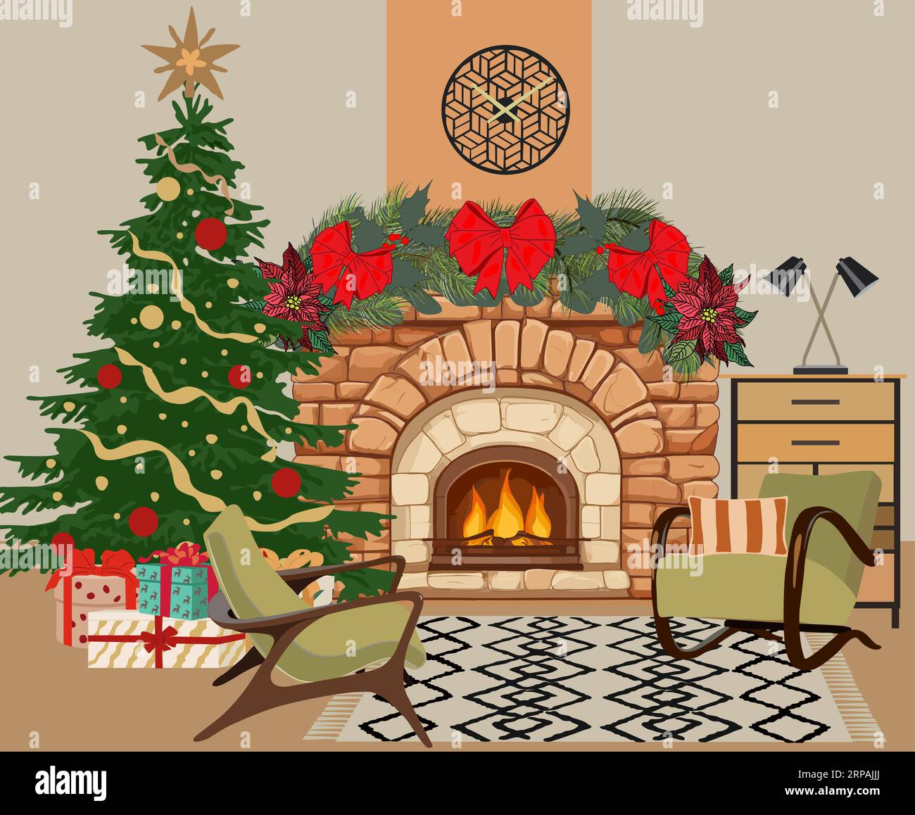 Salon décoré pour scène vectorielle de Noël. Illustration de Vecteur