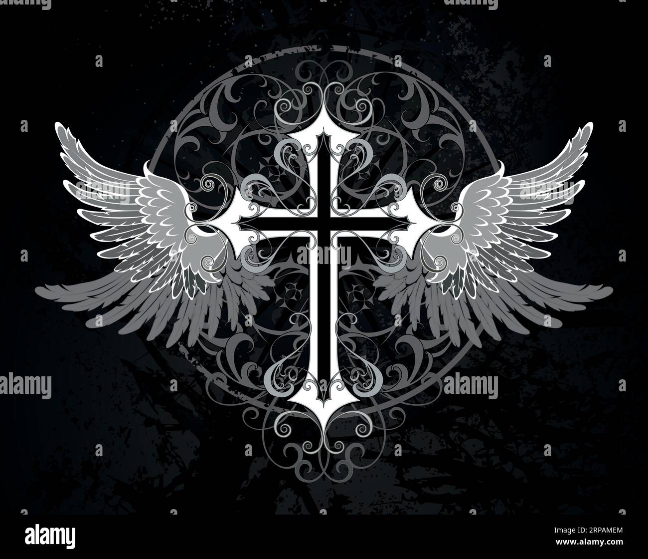 Croix blanche gothique à motifs décorée d'ailes angéliques grises sur fond noir texturé. Style gothique. Illustration de Vecteur