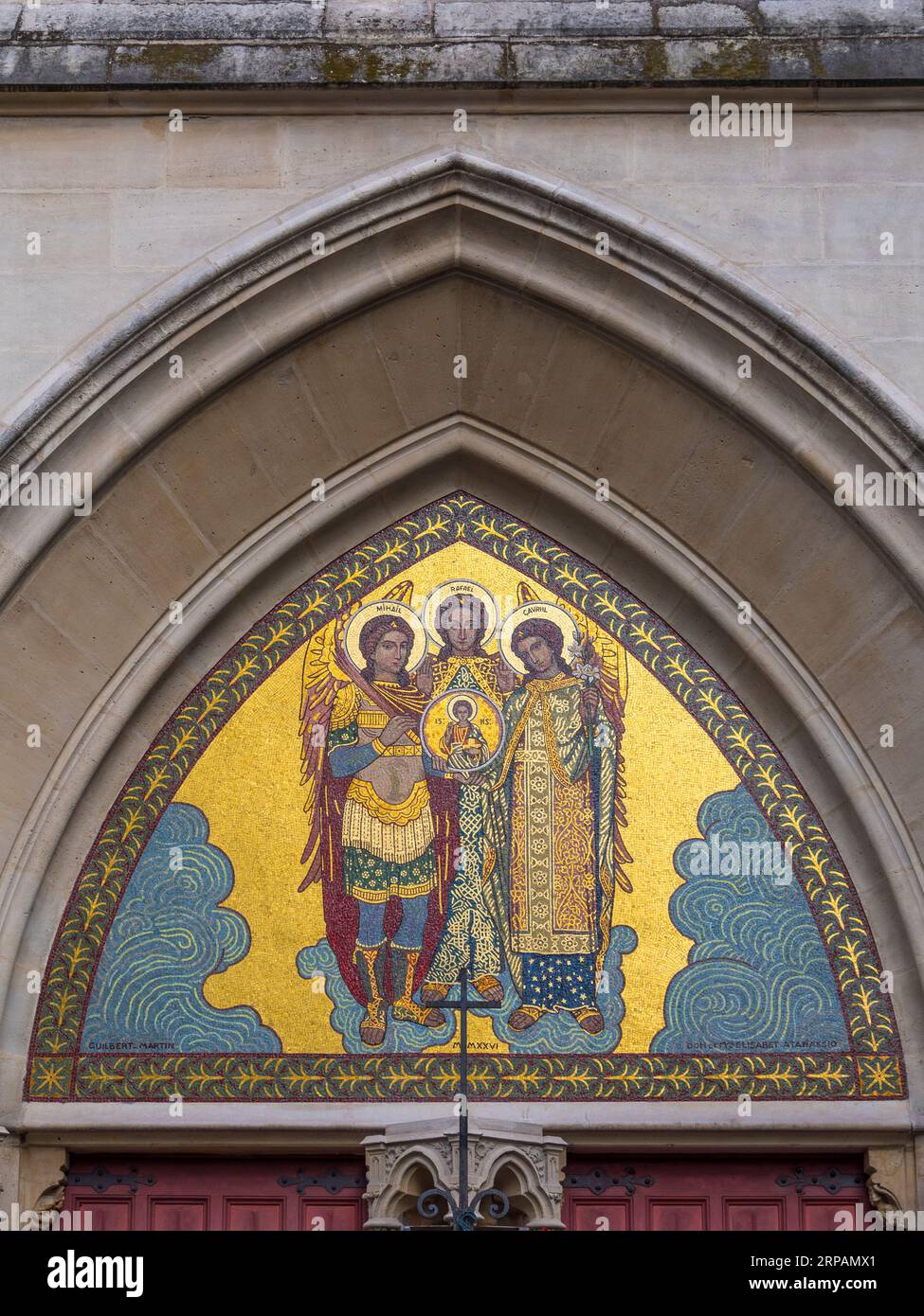 Mosaïque du tympan de 1926, église roumaine, quartier Latin, Paris, France. Banque D'Images