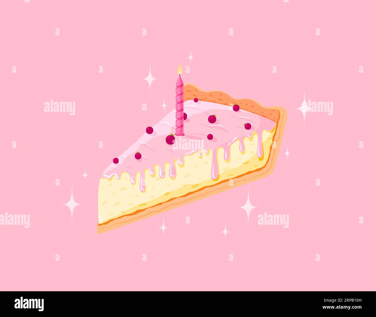 Gâteau au fromage aux baies morceau de gâteau étincelant fond rose plat. Modèle concept carte de voeux économiseur d'écran faire un rêve magique rouge baies crème dessert étoile scintillante mignon Kawaii autocollant isolé Illustration de Vecteur