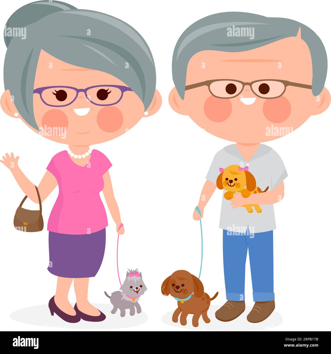 Propriétaires de chiens. Les personnes âgées promenant leurs chiens. Illustration vectorielle Illustration de Vecteur