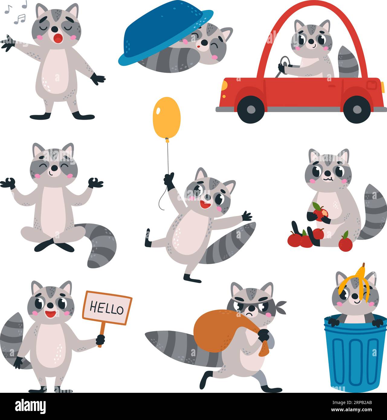 Ensemble de raton laveur drôle de dessin animé. Ratons laveurs dans des poses diverses, mignons animaux des bois plats. Petit animal sauvage jouant, personnages enfantins vecteurs classe Illustration de Vecteur