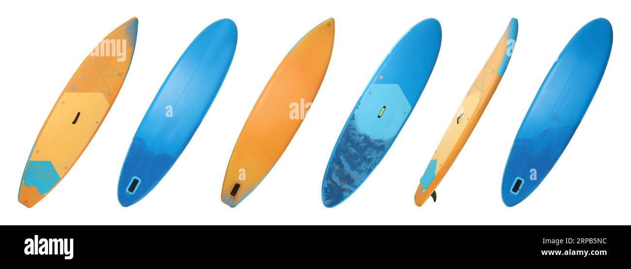 Collage avec des planches SUP avec paddle isolé sur blanc, différents côtés Banque D'Images