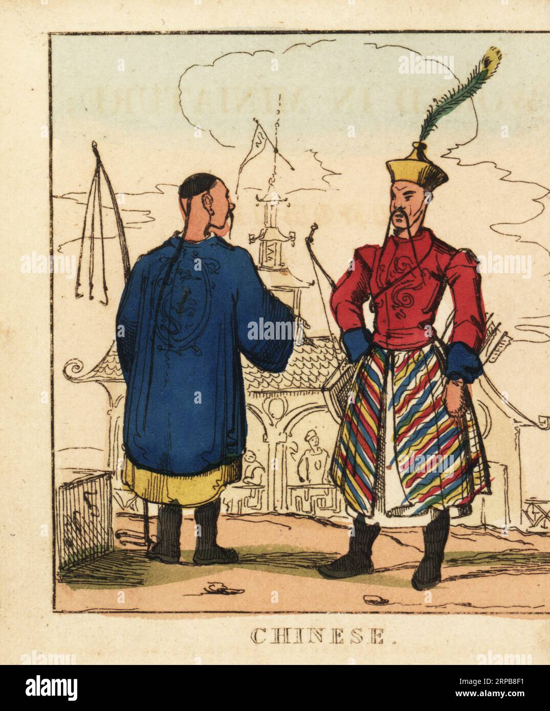 archer chinois en chapeau à plumé, veste rouge, jupes colorées et bottes avec noeud et carquois. Officiel en robes bleues, longue queue de cochon, tenant un fouet avec trois crochets. Gravure sur cuivre colorée à la main du monde en miniature, ou Panorama des costumes, Manners & Customs of All Nations, John Bysh, Londres, 1825. Banque D'Images