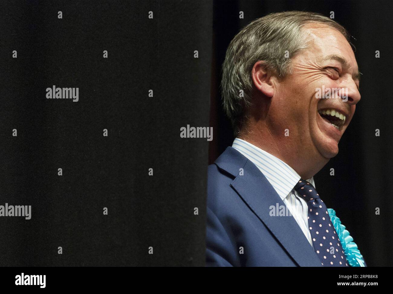 (190601) -- PÉKIN, 1 juin 2019 -- Nigel Farage, chef du Parti Brexit britannique, réagit dans un centre de comptage des élections du Parlement européen à Southampton, en Grande-Bretagne, le 27 mai 2019.) Portraits de mai 2019 RayxTang PUBLICATIONxNOTxINxCHN Banque D'Images