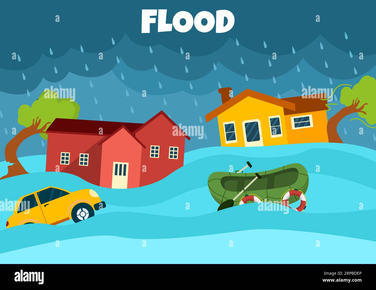 Inondations Vector Illustration de la tempête a fait des ravages et inondé la ville avec des maisons et des voitures coulant dans des modèles de fond de dessin animé plat Illustration de Vecteur