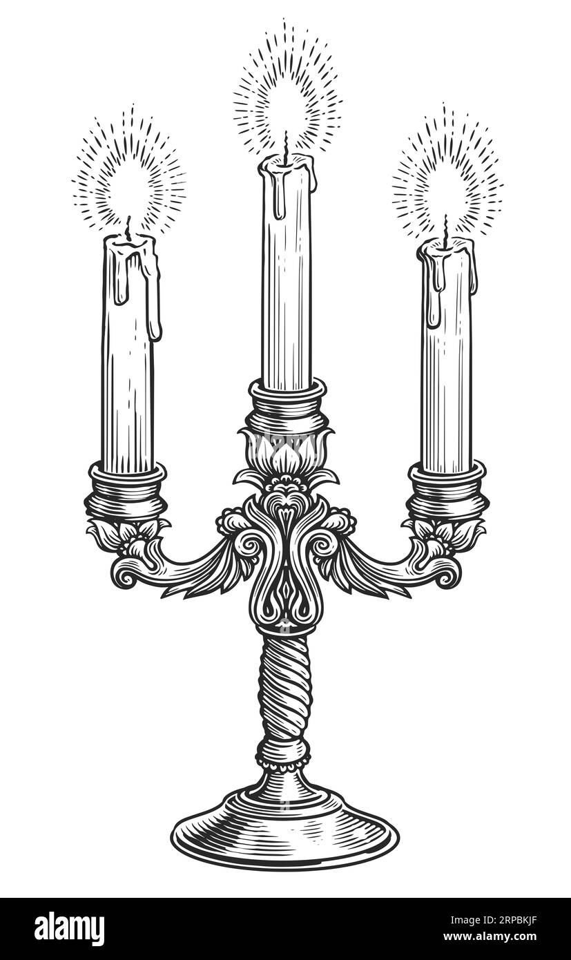 Candélabre vintage avec trois bougies allumées dans le style de gravure. Illustration de dessin de chandelier dessiné à la main Banque D'Images