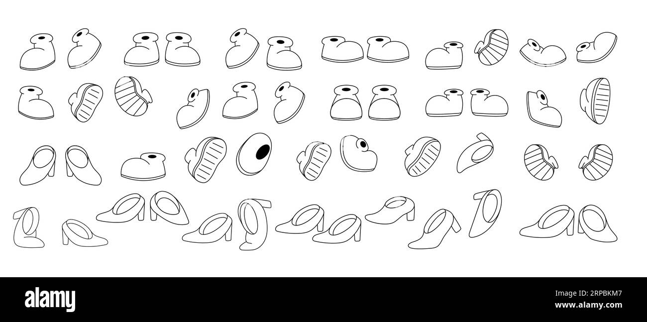 Ensemble de pieds comiques groovy dans des bottes dans le style de bande dessinée rétro tendance des années 70. Pied mascotte traditionnel. Illustration isolée. Illustration de Vecteur
