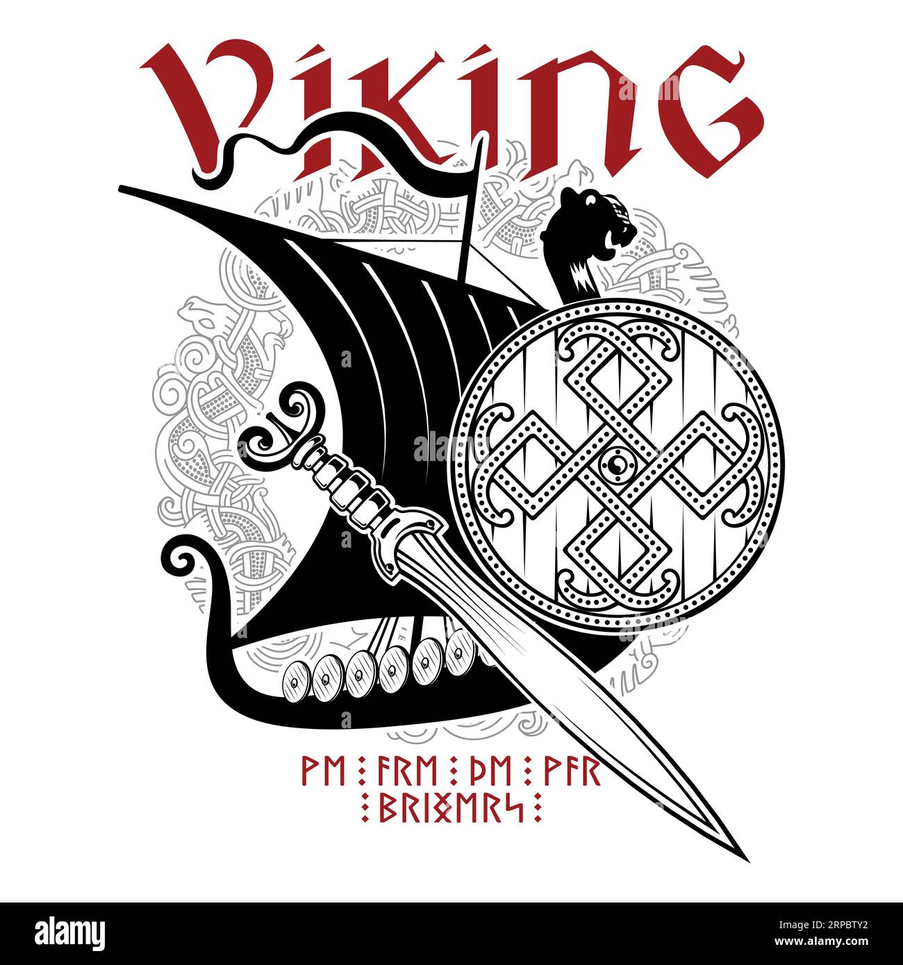 Design scandinave ancien. Navire viking Drakkar, épée, bouclier, motif vieux norrois et inscription Viking Illustration de Vecteur