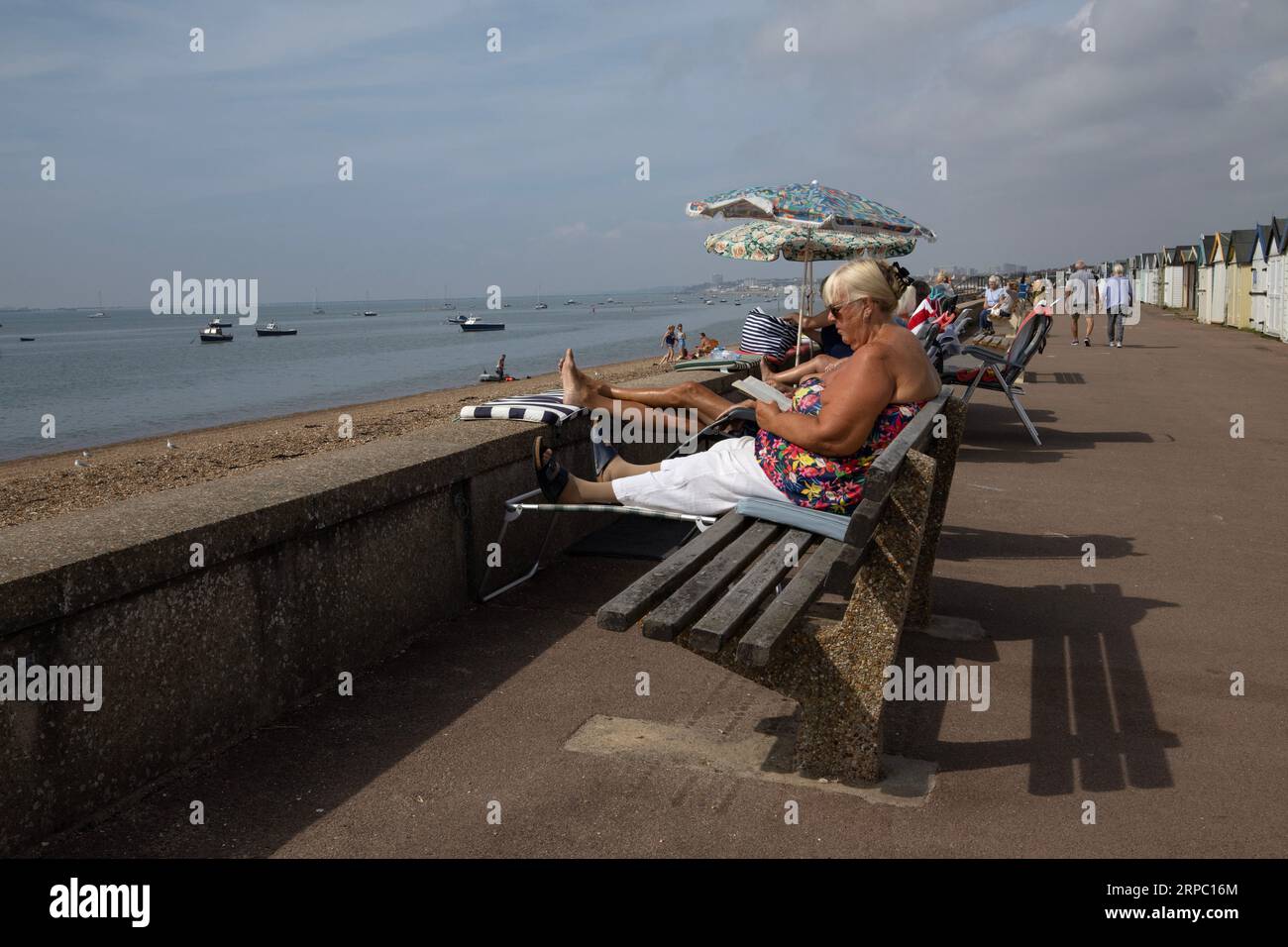 Retriees assis donnant sur l'estuaire de la Tamise, le long de la promenade à Thorpe Bay, à l'est de Southend-on-Sea, Essex, Angleterre, Royaume-Uni Banque D'Images