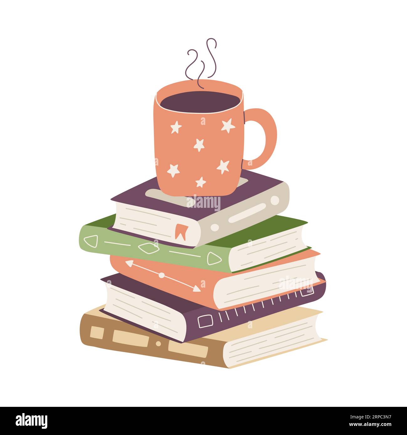 Tasse à thé debout sur la pile de livres. Tas de livres à couverture rigide en papier avec signets et tasse avec boisson chaude. Couleur plat illustration vectorielle de dessin animé isolat Illustration de Vecteur