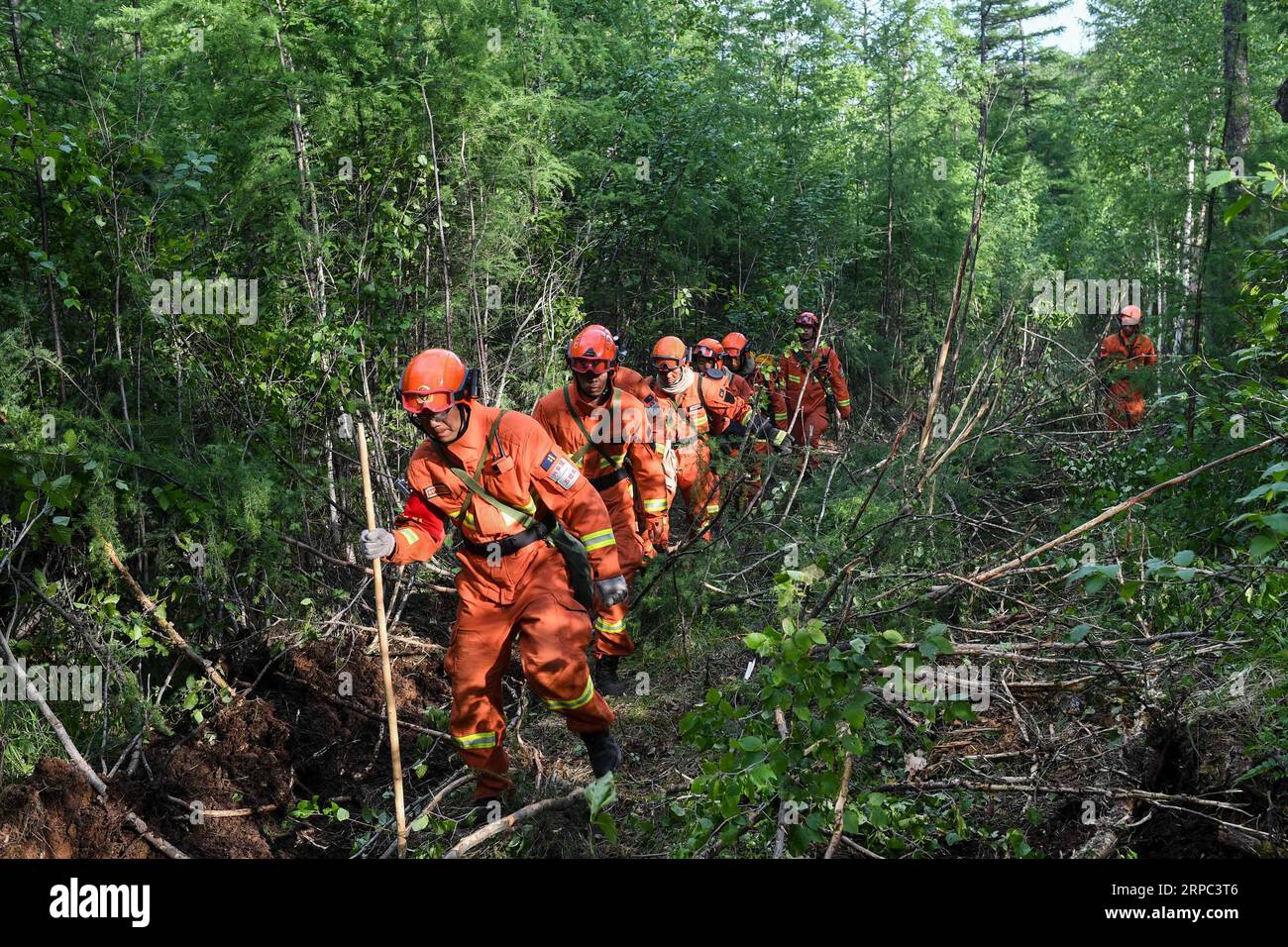 (190622) -- GENHE, 22 juin 2019 (Xinhua) -- les pompiers se rendent sur un site de feu de forêt dans la région autonome de Mongolie intérieure du nord de la Chine, 22 juin 2019. Un incendie de forêt qui a fait rage pendant trois jours dans la région autonome de Mongolie intérieure du nord de la Chine a été maîtrisé, ont déclaré samedi les autorités locales. L’opération de nettoyage est en cours à Xiushan, selon le quartier général des pompiers. Après un énorme effort de plus de 5 000 pompiers, le feu a été maîtrisé sur tous les fronts à 4:40 h samedi. (Xinhua/Liu Lei) CHINE-MONGOLIE INTÉRIEURE-FEU DE FORÊT (CN) PUBLICATIONxNOTxINxCHN Banque D'Images