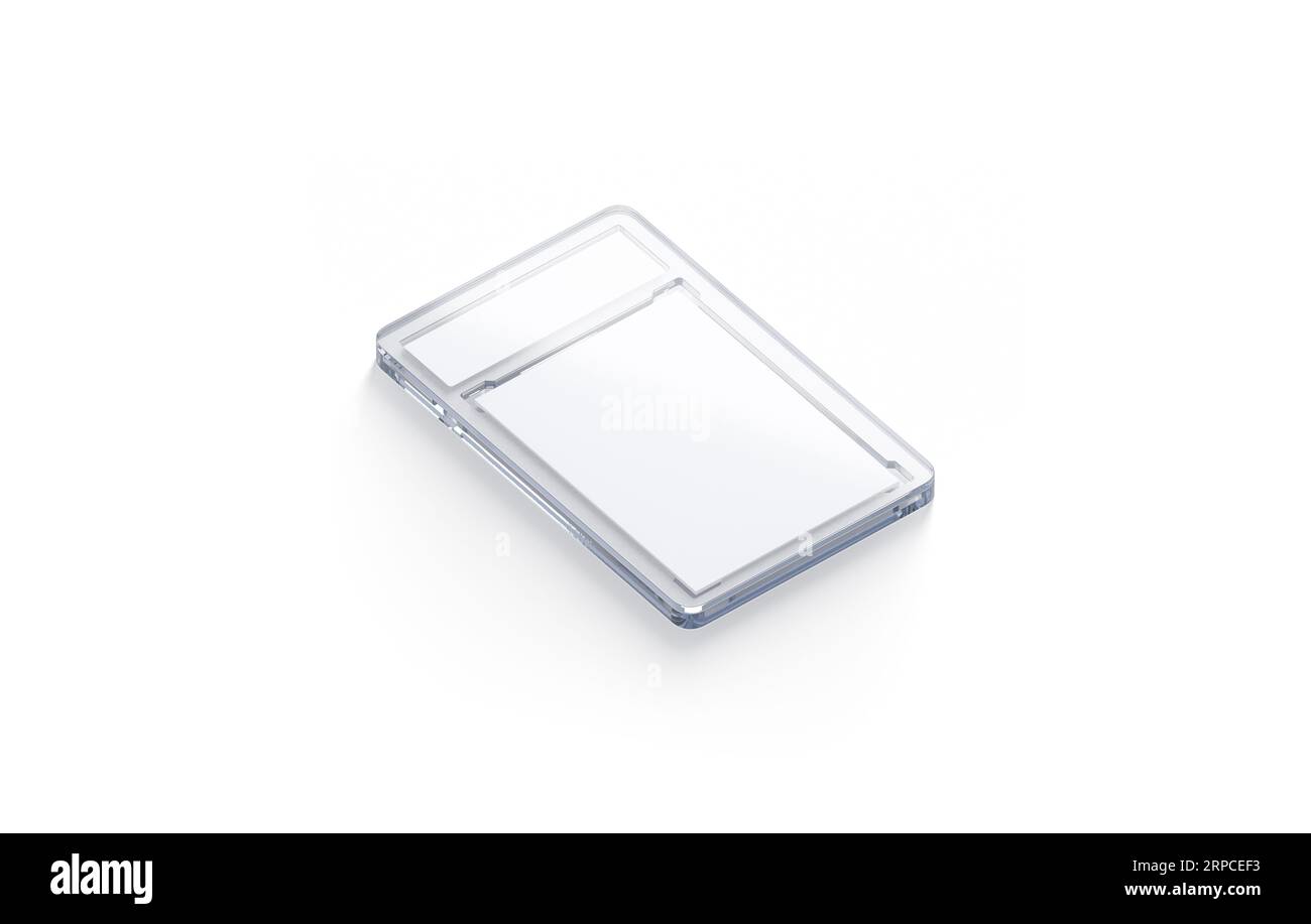 Maquette de carte à collectionner en plastique transparent vierge, vue latérale, rendu 3D. Support d'image vide pour maquette de série de sport ou de télévision, isolé. Rétro clair Banque D'Images
