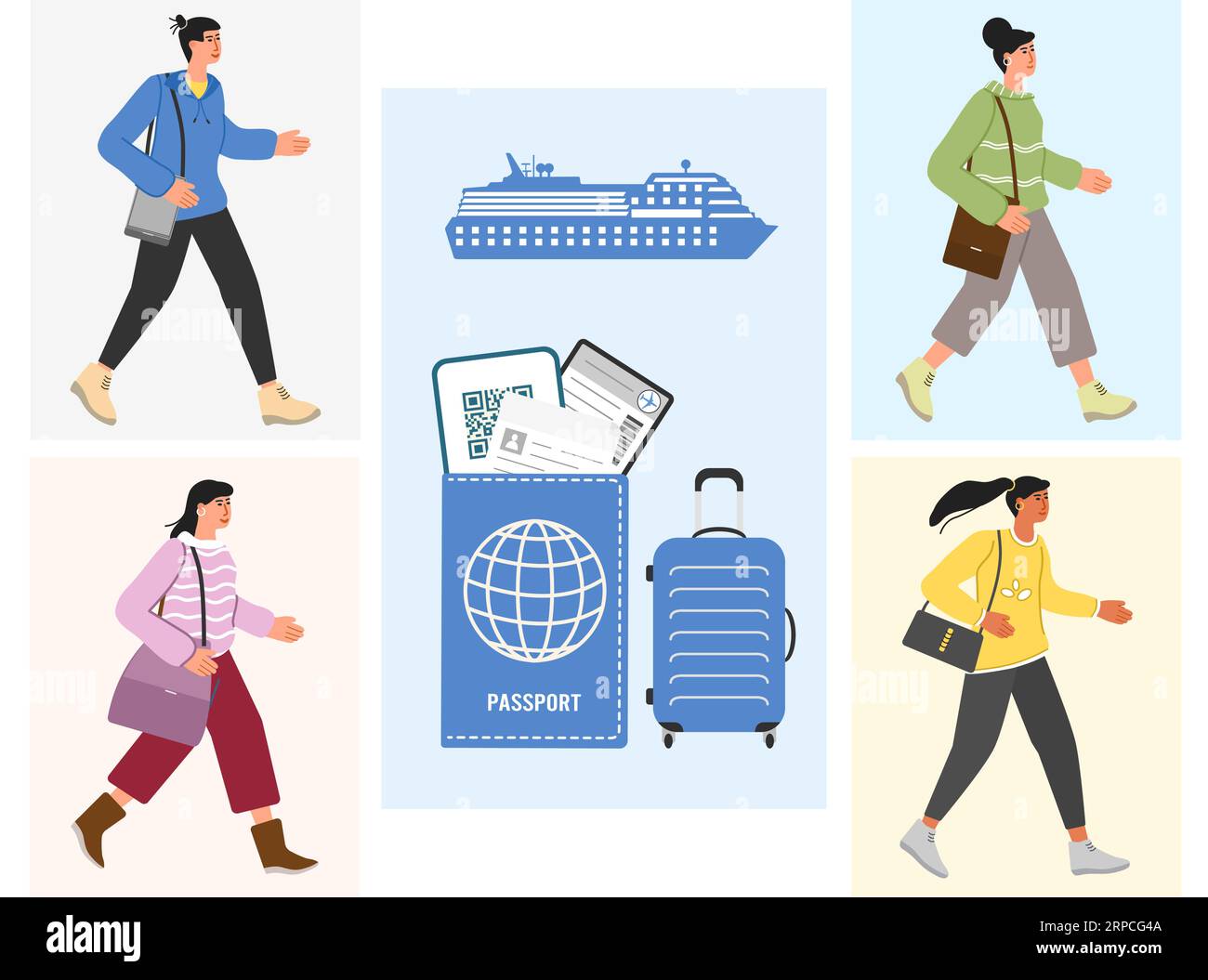 Touristes croisière bateau vacances été croisière Mer Voyage concept. Homme Femme aventure Tourisme bagages Passeport transport concept. Nous Illustration de Vecteur