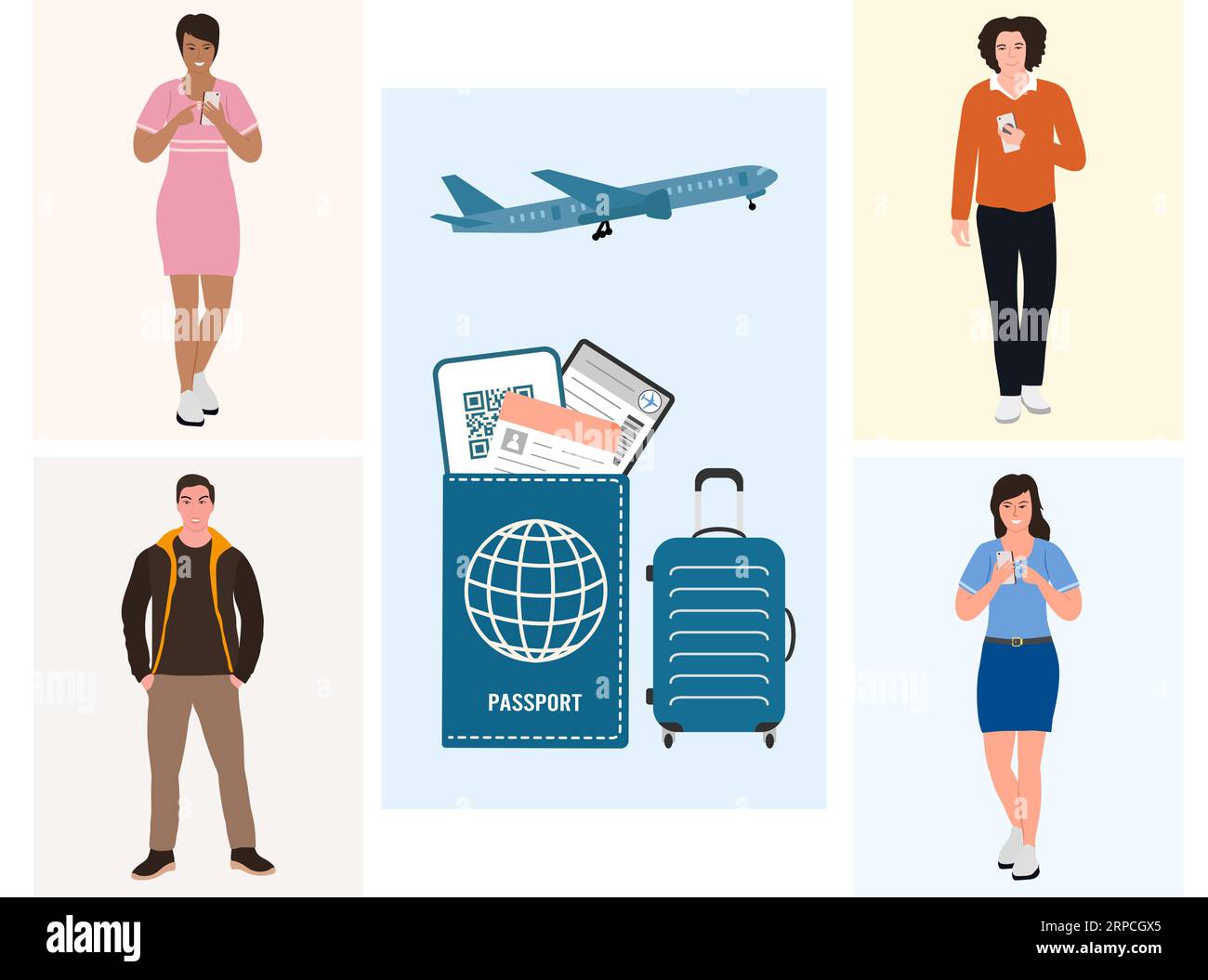 Touristes vacances d'été Homme Femme aventure Tourisme avion bagages billet d'avion Passeport transport concept. Illustration du vecteur de voyage du week-end Illustration de Vecteur