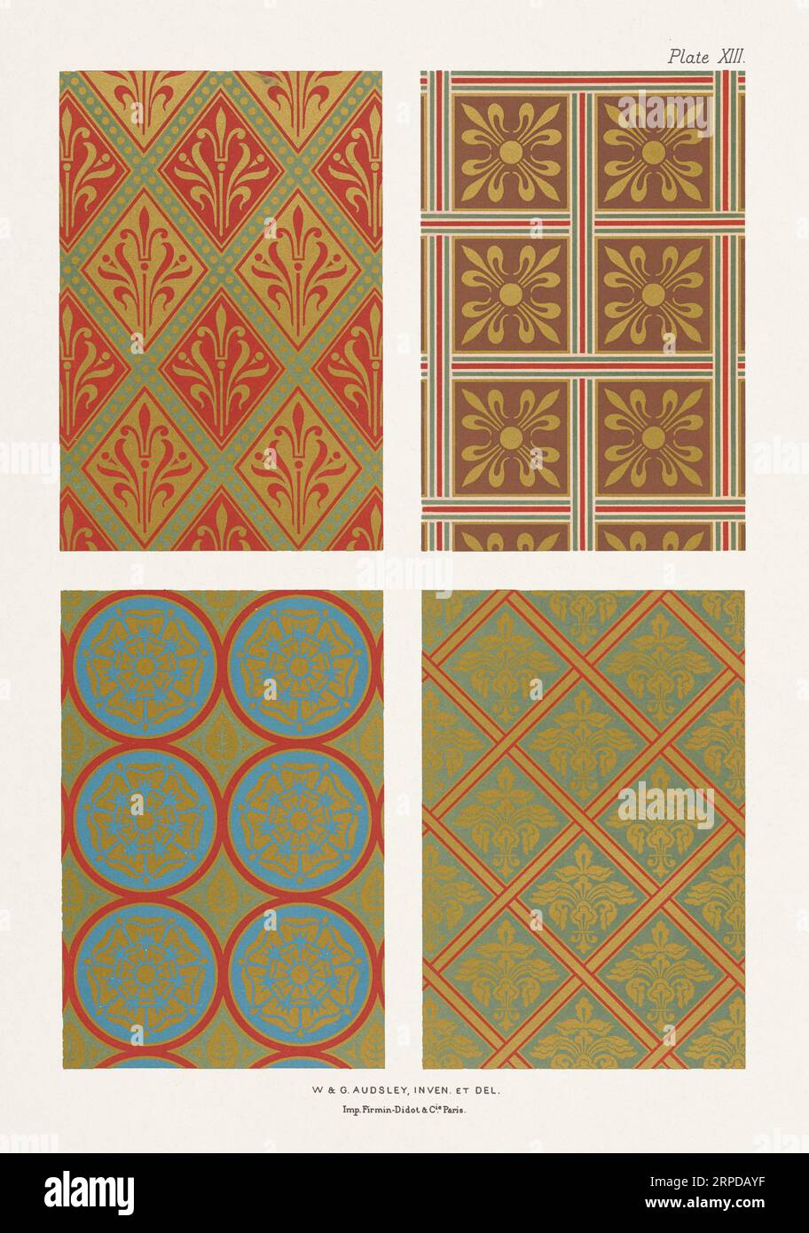 Motifs floraux médiévaux en or sur des terrains riches en couleurs. Banque D'Images