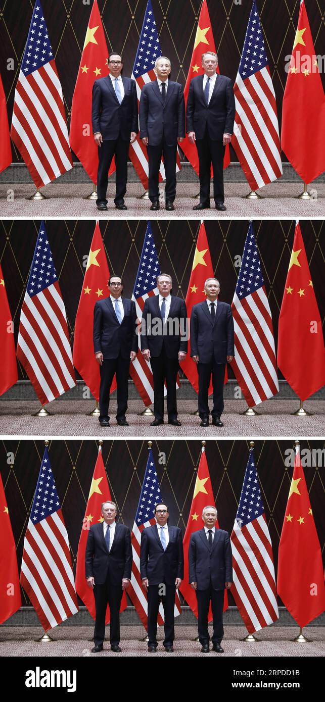 (190731) -- SHANGHAI, 31 juillet 2019 -- cette photo combinée montre le vice-premier ministre chinois Liu He, également membre du bureau politique du comité central du Parti communiste chinois et chef de la partie chinoise du dialogue économique global Chine-États-Unis, Robert Lighthizer, représentant au commerce des États-Unis, et Steven Mnuchin, secrétaire au Trésor, ont tenu la 12e ronde de consultations économiques et commerciales de haut niveau sino-américaines à Shanghai, dans l est de la Chine, du 30 au 31 juillet 2019. Zhang Ling & ) CONSULTATIONS COMMERCIALES CHINE-SHANGHAI-États-Unis (CN) LiuxBin PUBLICATIONxNOTxINxCHN Banque D'Images