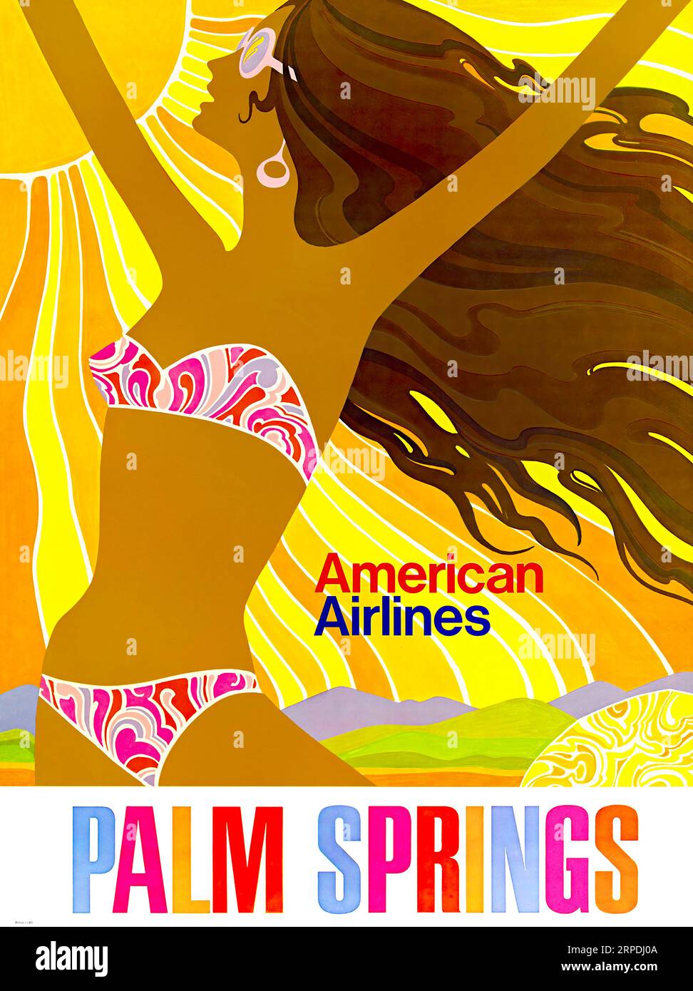 1960s American Airlines, Palm Springs, affiche de Californie avec femme en bikini et soleil Banque D'Images