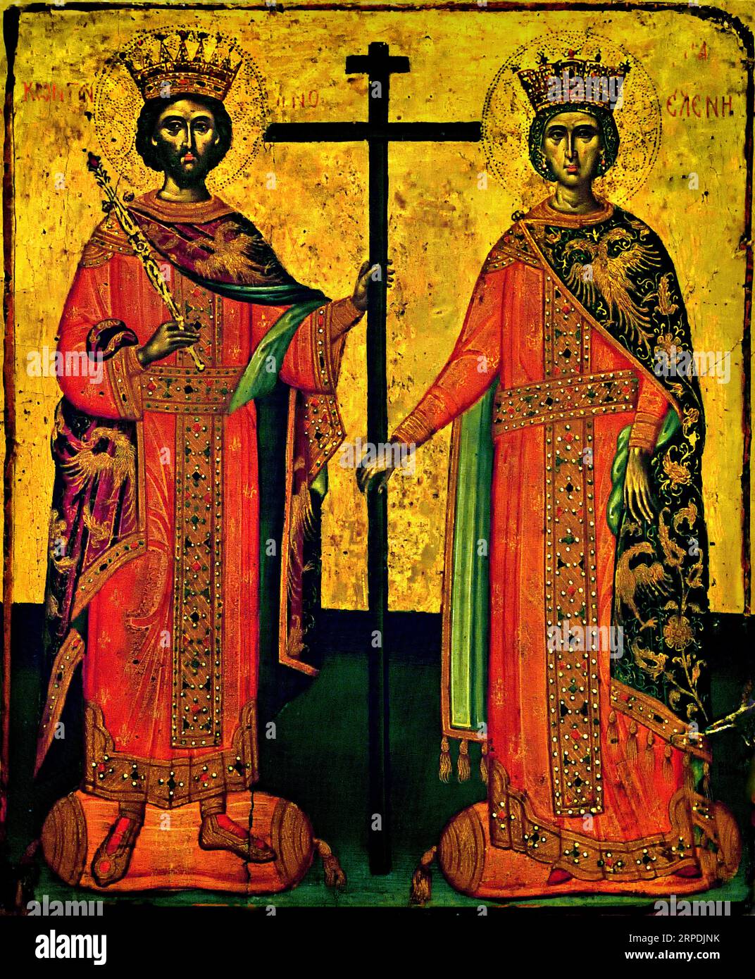 Icône avec Saints Constantin et Hélène. Peint par Viktor. Moyenne 17e cent. Athènes Grèce Musée byzantin Église orthodoxe grecque ( icon ) Banque D'Images