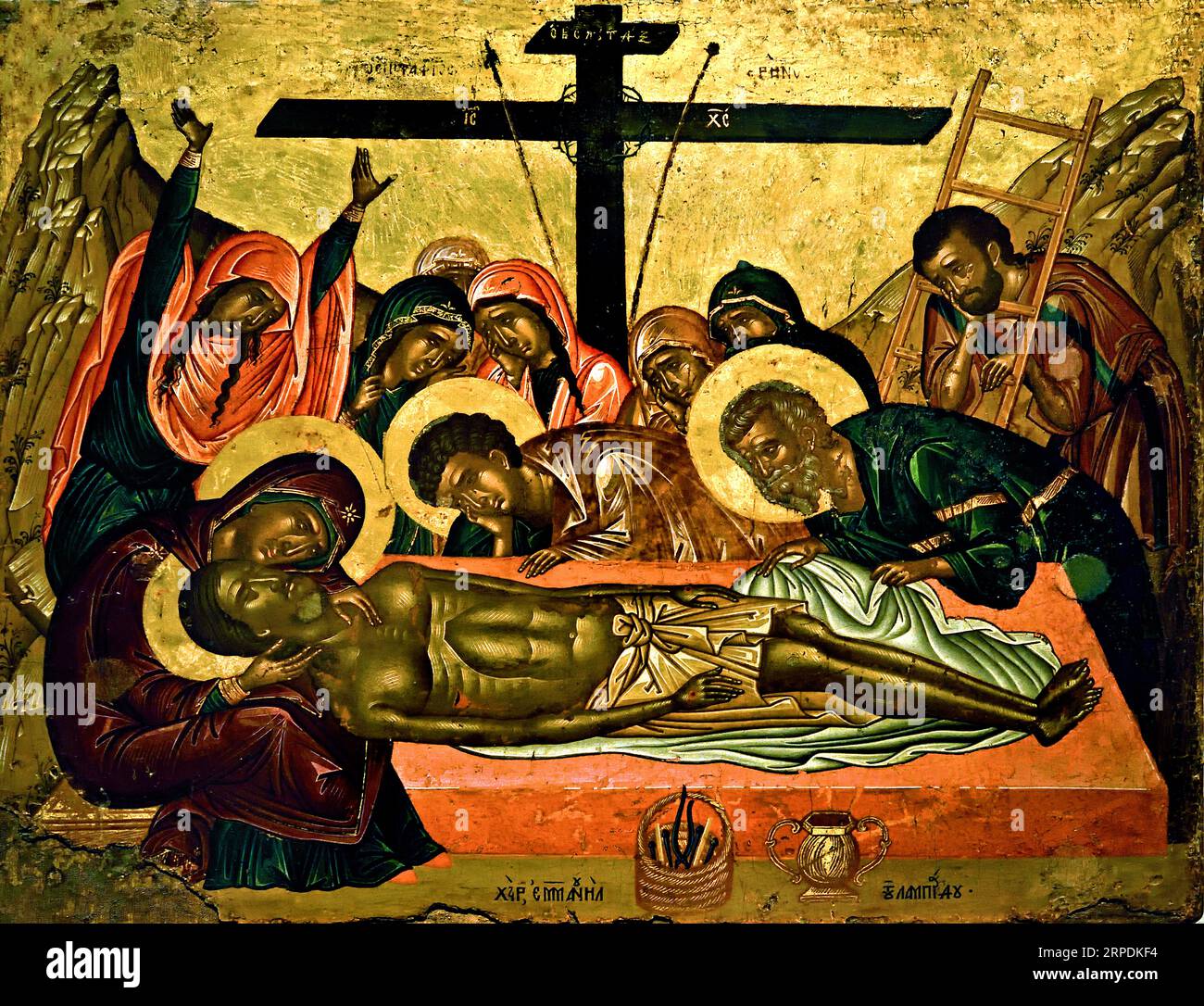 Lamentationicon de l'artiste crétois Emmanuel Lambardos.15e cventury . Paléologue modèle, fond il y a un pot contenant du parfum pour le soin du cadavre, Athènes Grèce Musée byzantin Église orthodoxe grecque ( icône ) Banque D'Images