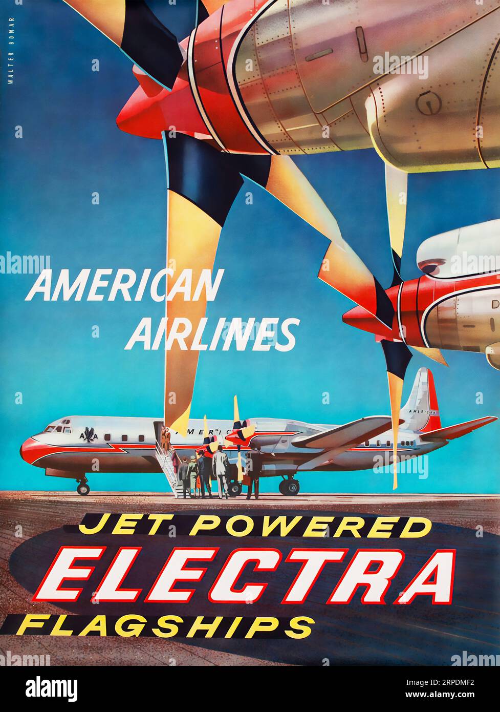 Affiche de voyage d'American Airlines Jet Powered Electra des années 1950 Walter Bomar Banque D'Images