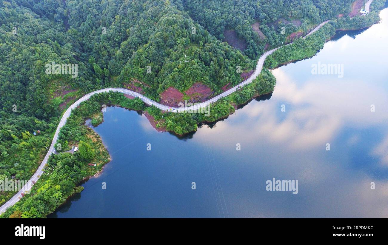 (190808) -- CHONGQING, 8 août 2019 -- une photo aérienne prise le 7 août 2019 montre le paysage du lac Taiyang dans le comté autonome de Shizhu Tujia, dans le sud-ouest de la municipalité de Chongqing. Situé au sud-est du parc forestier national de Huangshui, le lac Taiyang couvre une superficie de plus de 3 300 mu (220 hectares). L'altitude moyenne du lac atteint 1 450 mètres au-dessus du niveau de la mer. CHINA-CHONGQING-TAIYANG LAKE-SCENERY (CN) WANGXQUANCHAO PUBLICATIONXNOTXINXCHN Banque D'Images