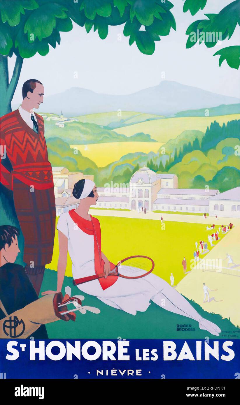 Affiche de voyage de St honore les bains 1930 par Roger broders montrant les sports d'été, le golf, le tennis et de beaux paysages Banque D'Images