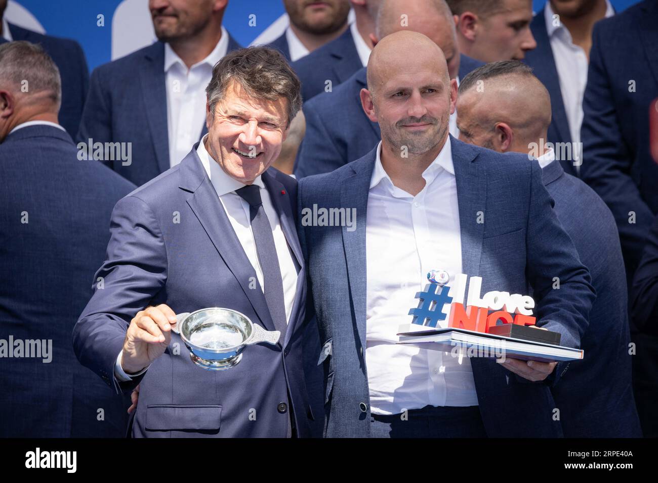 Nice, France. 04 septembre 2023. Christian Estrosi, maire de Nice et entraîneur de l'équipe écossaise de rugby Gregor Townsend lors de la cérémonie officielle d'accueil de l'équipe écossaise de rugby à Villa Masséna à Nice, camp de base des Thistles, France le 4 septembre 2023. Photo de Shootpix/ABACAPRESS.COM crédit : Abaca Press/Alamy Live News Banque D'Images