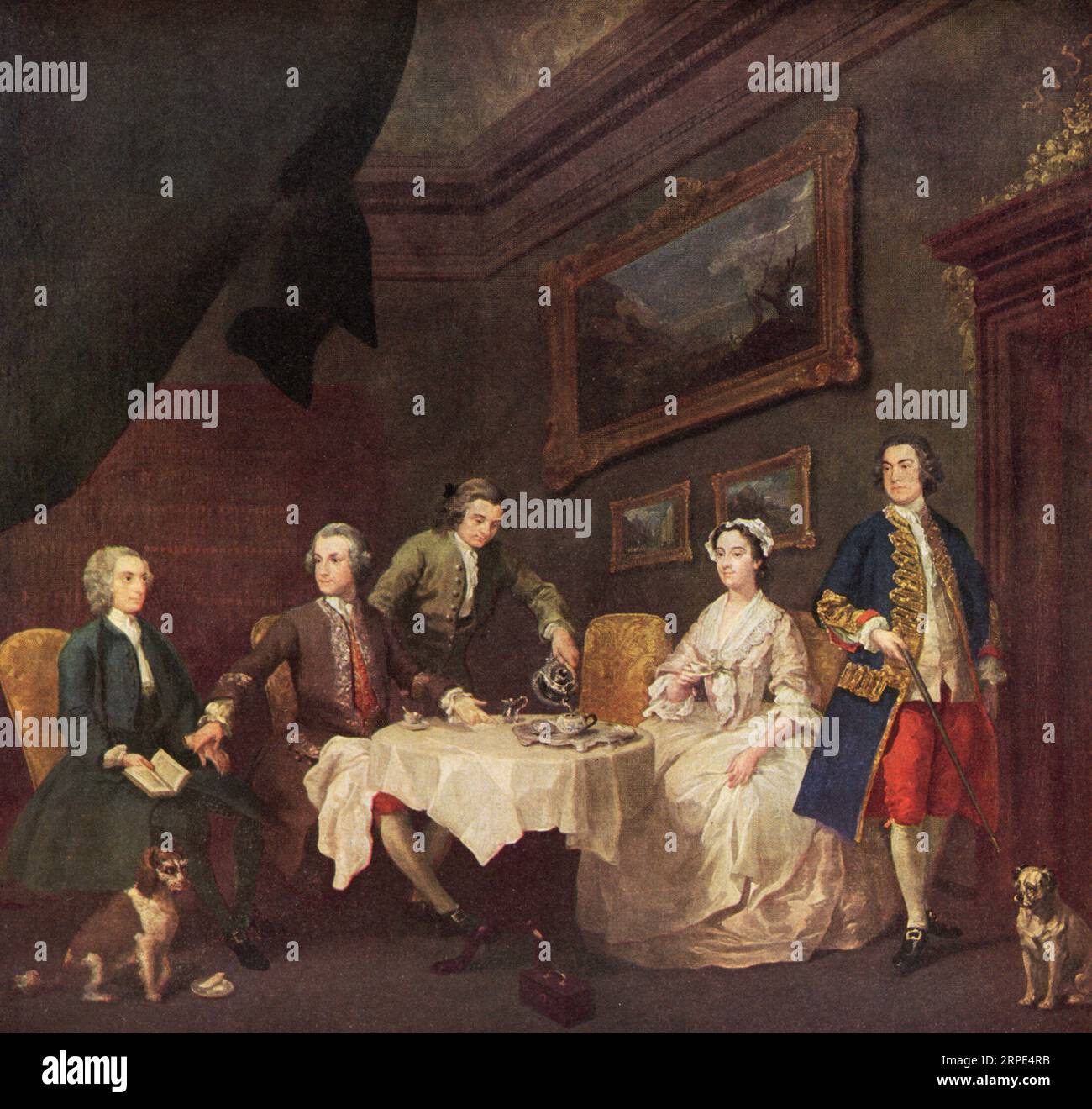 La famille Strode, 1738. Par William Hogarth (1697-1764). Le sujet principal de cette peinture est le riche magnat de la ville William Strode (c1712-1755), assis à table avec sa nouvelle épouse Lady Anne Cecil (1719-1752), son parent colonel Strode (1698-1776), et son tuteur Dr Arthur Smyth, plus tard archevêque de Dublin (1706-1771). Banque D'Images