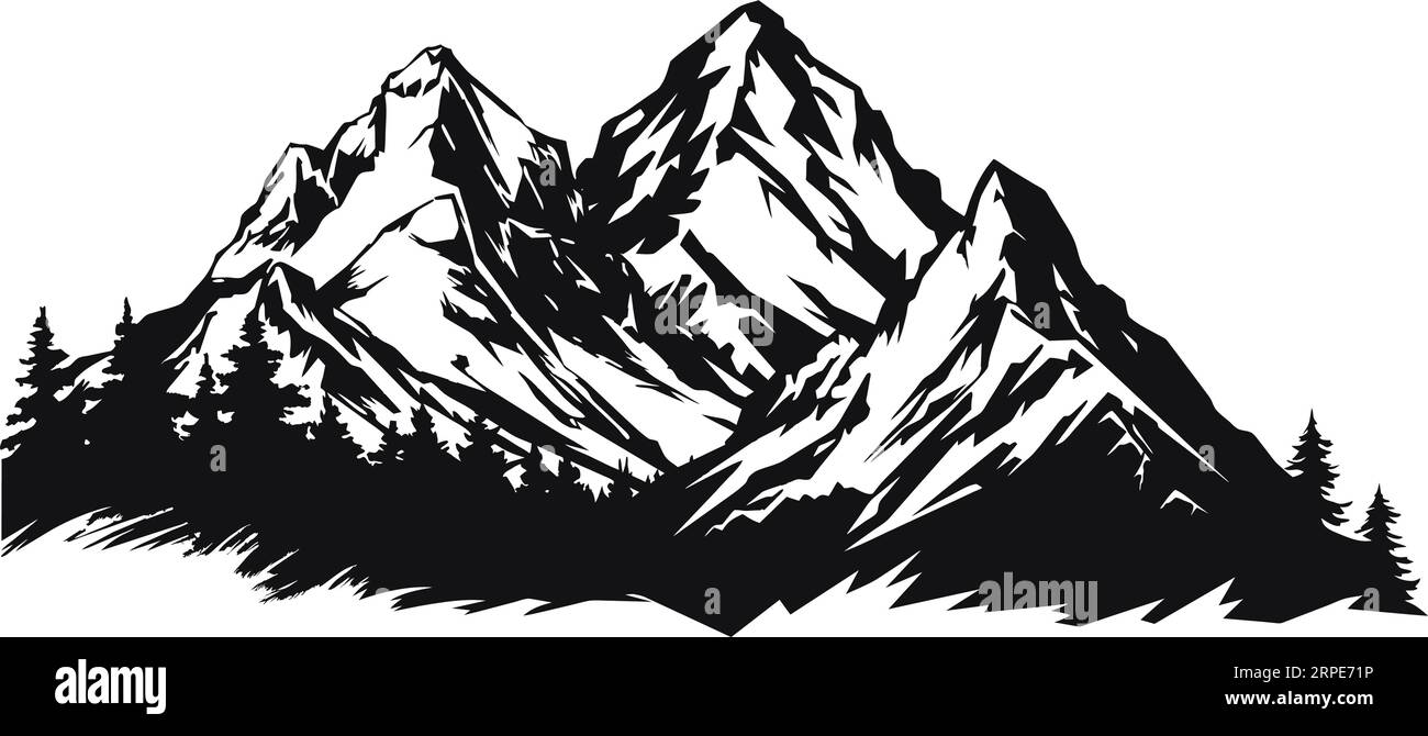 Montagne avec pins et paysage noir sur fond blanc. Pics rocheux dessinés à la main dans un style d'esquisse. Illustration vectorielle. Illustration de Vecteur