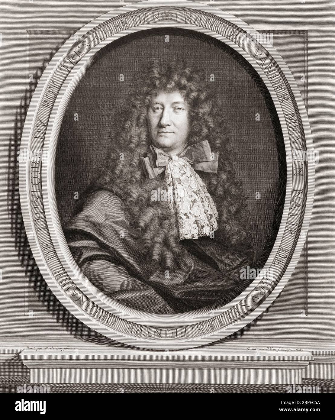 Adam Frans van der Meulen, 1632 - 1690. Artiste flamand. Parmi ses clients se trouvait Louis XIV de France. D'après une estampe de Pieter van Schuppen d'après le tableau de Nicolas de Largillière. Banque D'Images