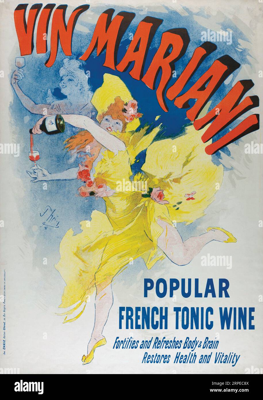 Affiche en anglais pour vin Mariani, 1894. D'après une œuvre de Jules Cheret. Vin Mariani était un vin de coca français et un médicament breveté. Il combinait le vin avec la cocaïne et était largement exporté. Banque D'Images