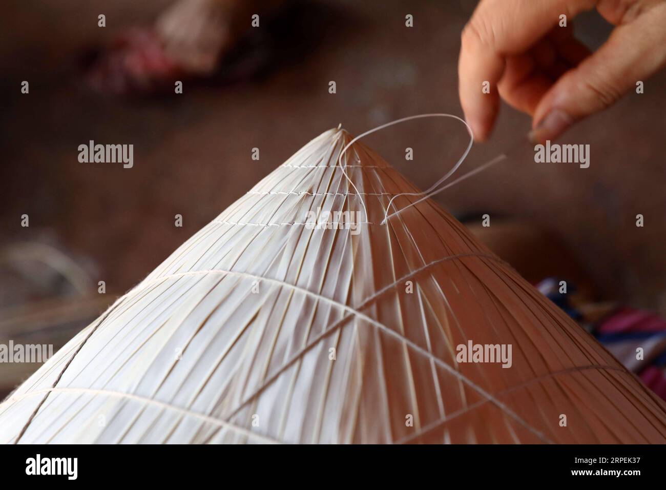 (190830) -- , 30 août 2019 -- Une femme fabrique un chapeau conique traditionnel dans le village de Chuong à la périphérie de , capitale du Vietnam le 29 août 2019. Les chapeaux coniques traditionnels du Vietnam sont principalement fabriqués à partir de feuilles de bambou et de palmier, et ils sont parmi les costumes traditionnels les plus impressionnants du pays. Les habitants du village de Chuong fabriquent des chapeaux coniques depuis environ 400 ans. Les habitants achètent des feuilles de palmier vert d'autres provinces, les séchent au soleil, repassent et blanchissent les feuilles en tranches plates. Ils utilisent ensuite de fines cordes pour fixer des couches de feuilles sur un cône fait d'anneaux de bambou, et enrober t Banque D'Images