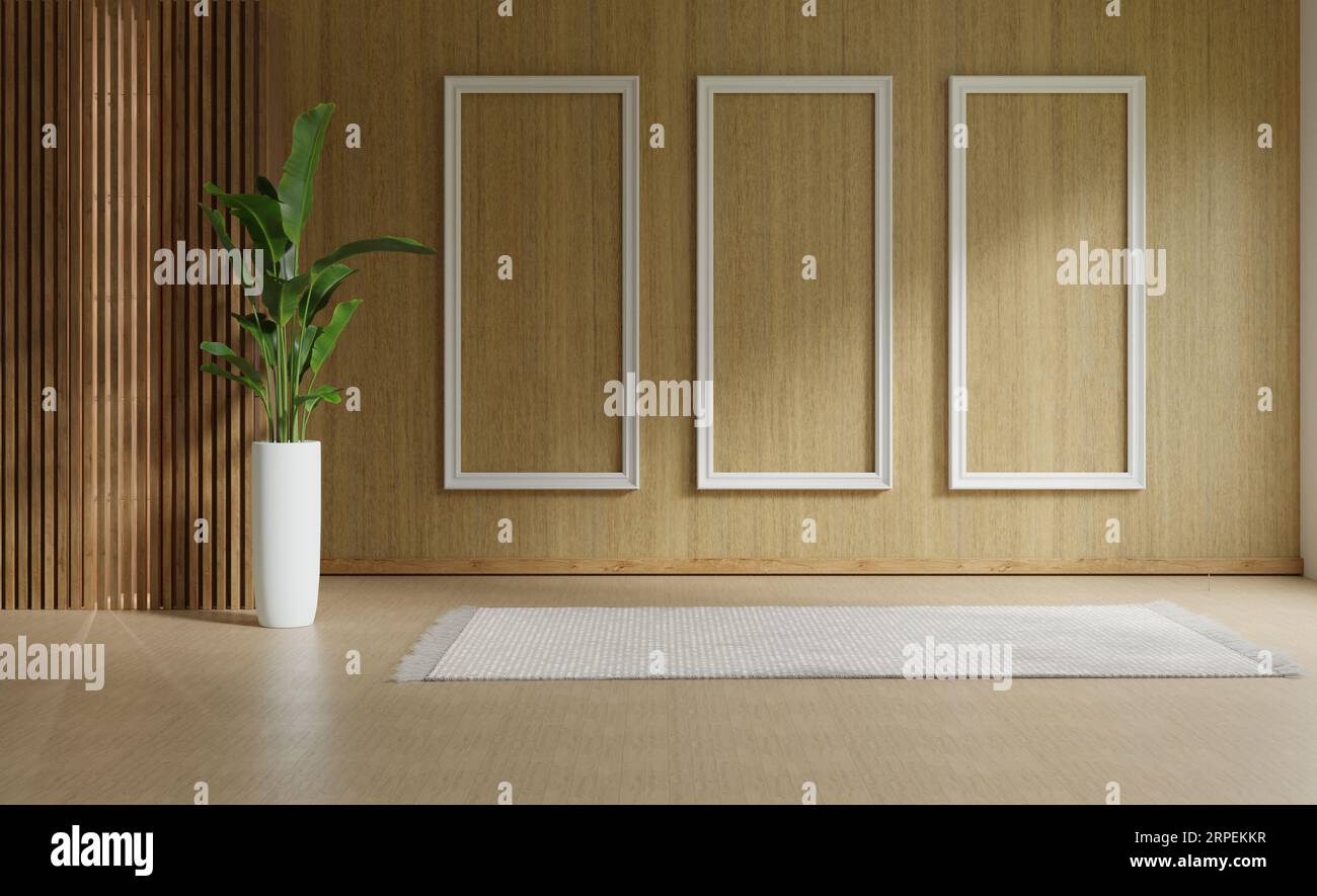 Maquette cadre photo transparent dans la chambre en bois, rendu d'illustration 3D. Banque D'Images