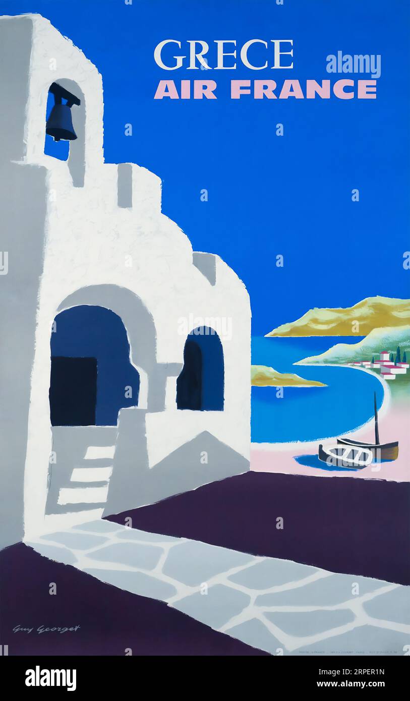1959 Grèce, grece, affiche de voyage conçue par Guy Georget pour Air France avec bâtiment blanchi à la chaux, vue mer et bateau Banque D'Images