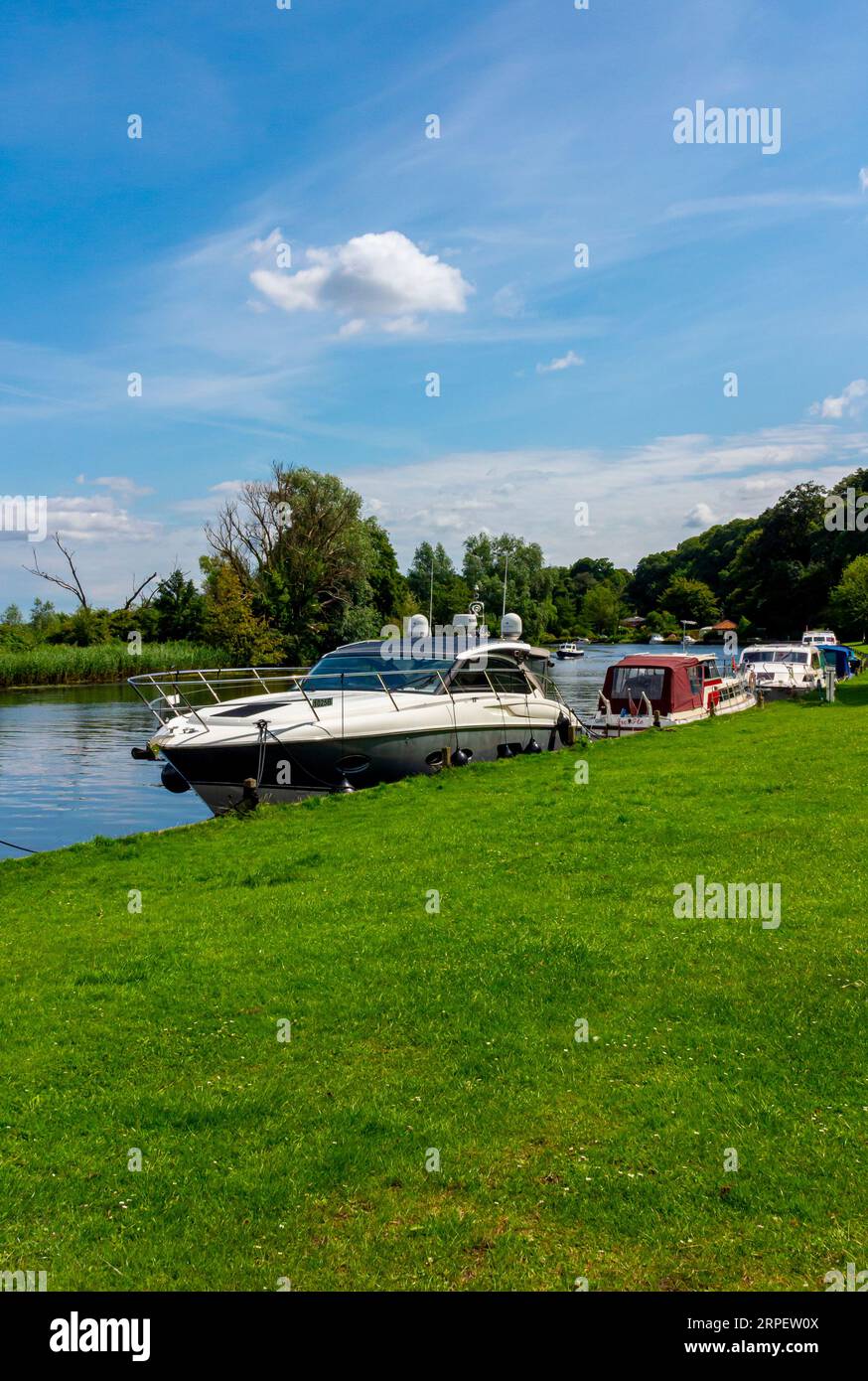 Bateaux de plaisance amarrés sur la rivière Yare à Bramerton Common dans les Norfolk Broads Angleterre Royaume-Uni. Banque D'Images