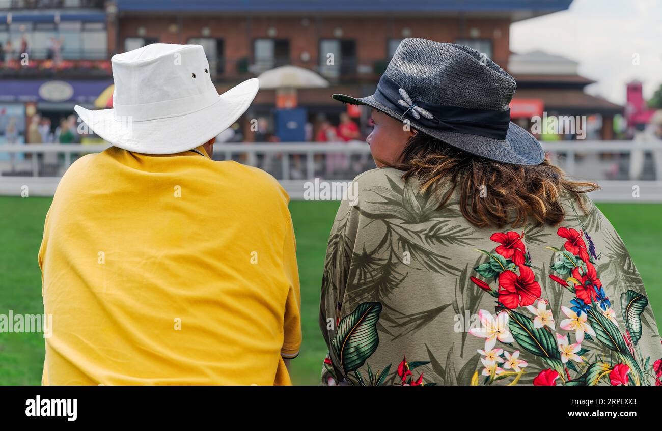 Homme et femme en vêtements colorés et portant des chapeaux voir l'état du parcours de course à Beverley, Yorkshre, Royaume-Uni. Banque D'Images