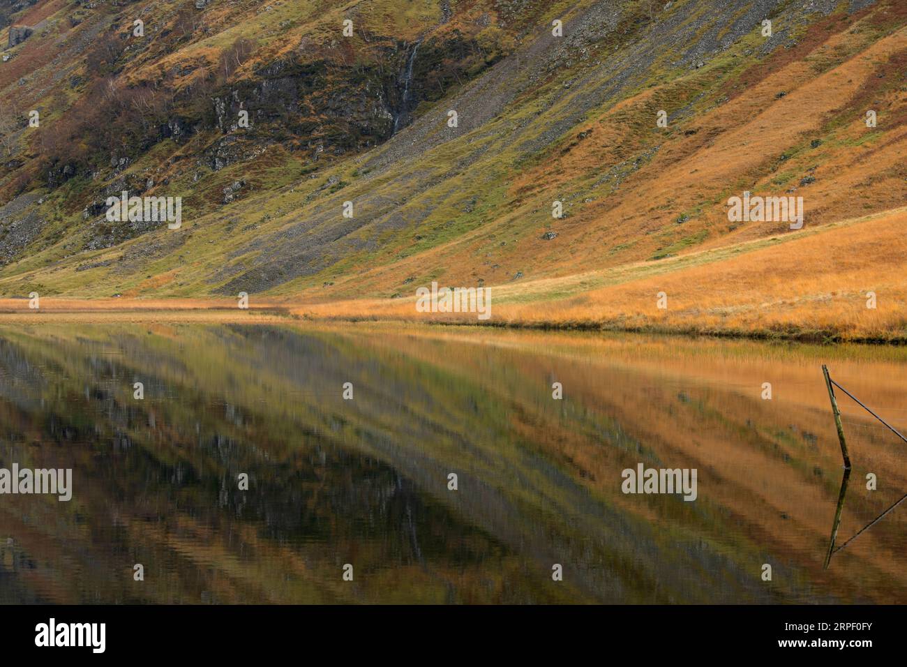 Motifs réfléchis dans Loch Achtriochtan, Glencoe, Lochaber, Highlands, Écosse, Royaume-Uni en hiver (novembre) Banque D'Images