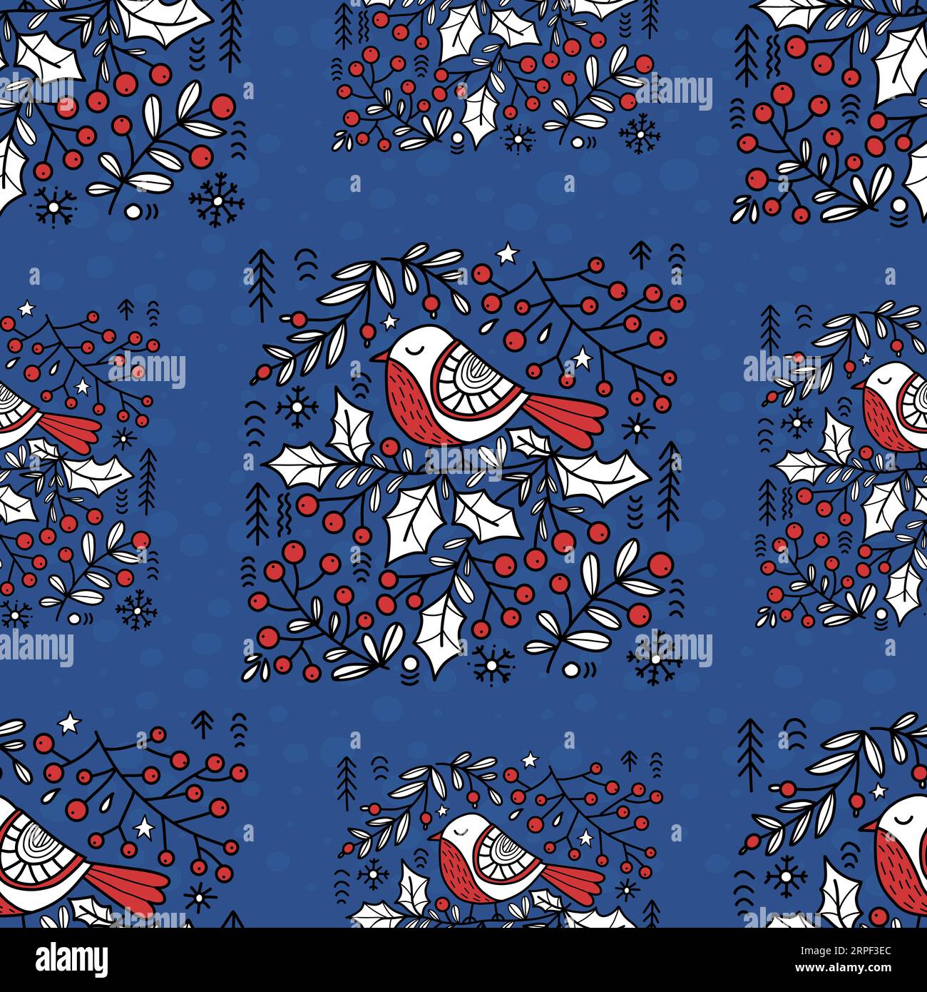 Motif sans couture d'art folklorique de Noël. Oiseau mignon sur la branche de houx sur fond bleu. Illustration vectorielle. Design répétitif folk de Noël dans le style coloré l Illustration de Vecteur