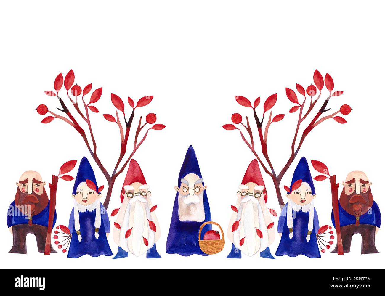 Une famille de gnomes se promènent dans la forêt : un grand-père, un gnome femelle, un jeune gnome et un gnome roux entre les arbres. Bannière. Watercolo Banque D'Images