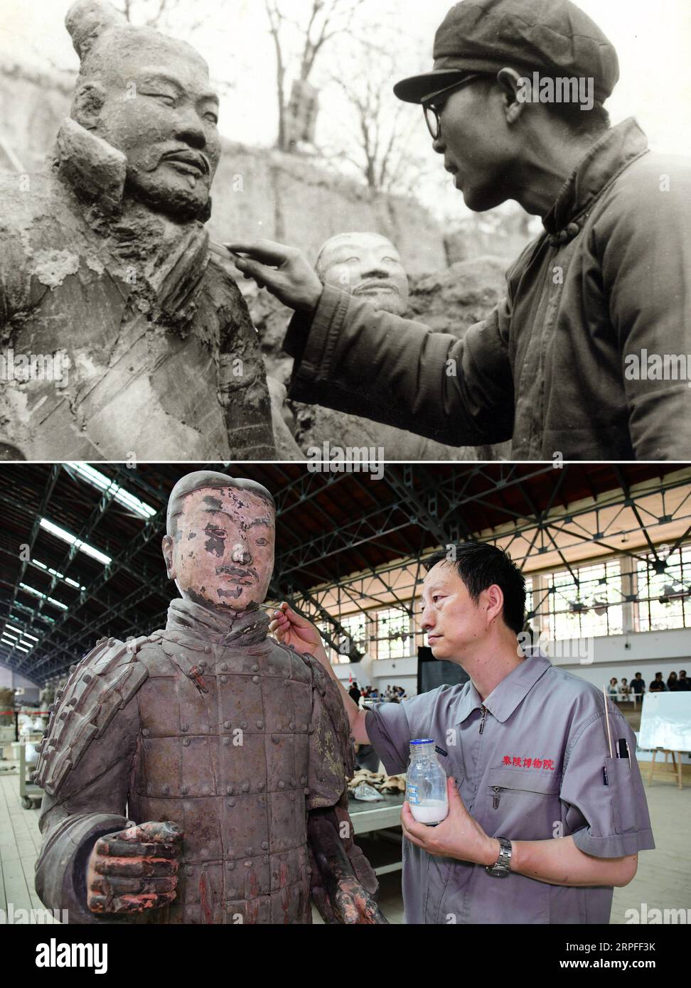 190923 -- PÉKIN, 23 septembre 2019 -- Haut : photo prise en 1974 et fournie par le musée du site du mausolée de l'empereur Qinshihuang montre Yuan Zhongyi, alors chef d'une équipe archéologique, nettoyant un guerrier en terre cuite sur le site de fouilles à Xi an, capitale de la province du Shaanxi du nord-ouest de la Chine. En bas : photo prise le 4 juillet 2019 par montre LAN Desheng, restaurateur de reliques culturelles au musée du site du mausolée de l'empereur Qinshihuang, consolidant la couleur d'un guerrier en terre cuite après restauration à Xi an. Le mausolée de l'empereur Qinshihuang et les guerriers en terre cuite ont été inclus dans le patrimoine mondial l Banque D'Images