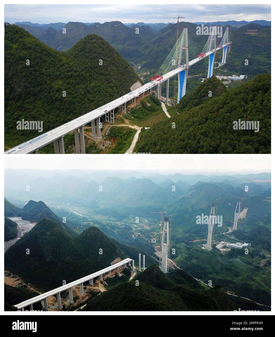 190926 -- PINGTANG, 26 septembre 2019 -- une photo aérienne combinée montre le pont de Pingtang dans la province du Guizhou du sud-ouest de la Chine, le 20 septembre 2019 en haut et le 25 septembre 2018 respectivement. Le pont Pingtang a achevé sa fermeture jeudi. Le pont, un colossal viaduc porté par câble d’une envergure de 2 135 mètres, servira de liaison majeure sur l’autoroute Pingtang-Luodian au-dessus du canyon de la rivière Caodu. Le pont sera achevé et ouvert à la circulation d'ici la fin de 2019, réduisant ainsi le temps de trajet entre Pingtang et Luodian de deux heures et demie à environ une heure. CHINE-GUIZHOU-PINGTANG B. Banque D'Images
