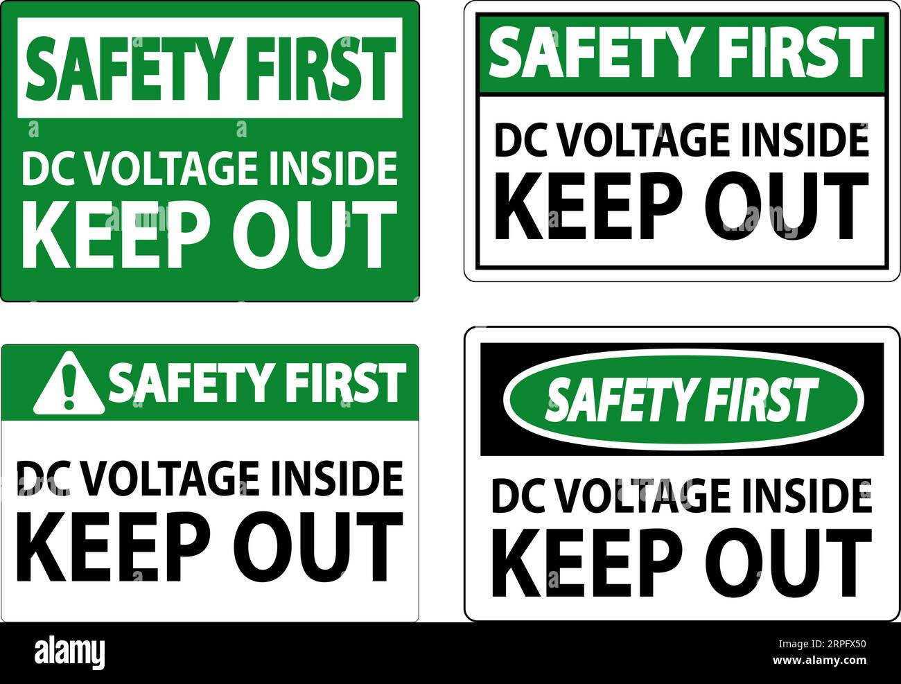 Panneau de sécurité d'abord, tension continue à l'intérieur, interdiction d'entrer Illustration de Vecteur