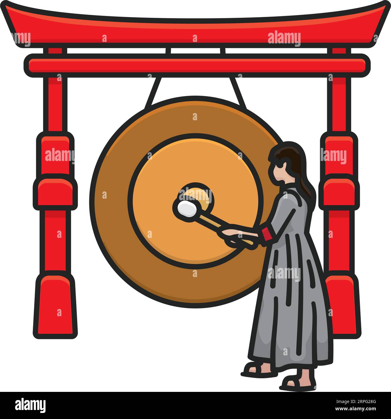 Femme asiatique battant un grand gong isolé illustration vectorielle pour le jour du Gong le 21 juin Illustration de Vecteur