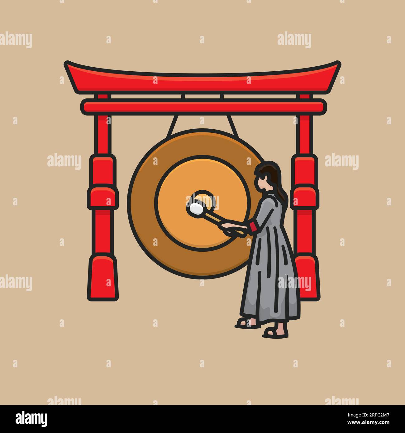 Femme asiatique battant une grande illustration vectorielle de gong pour le jour du Gong le 21 juin Illustration de Vecteur