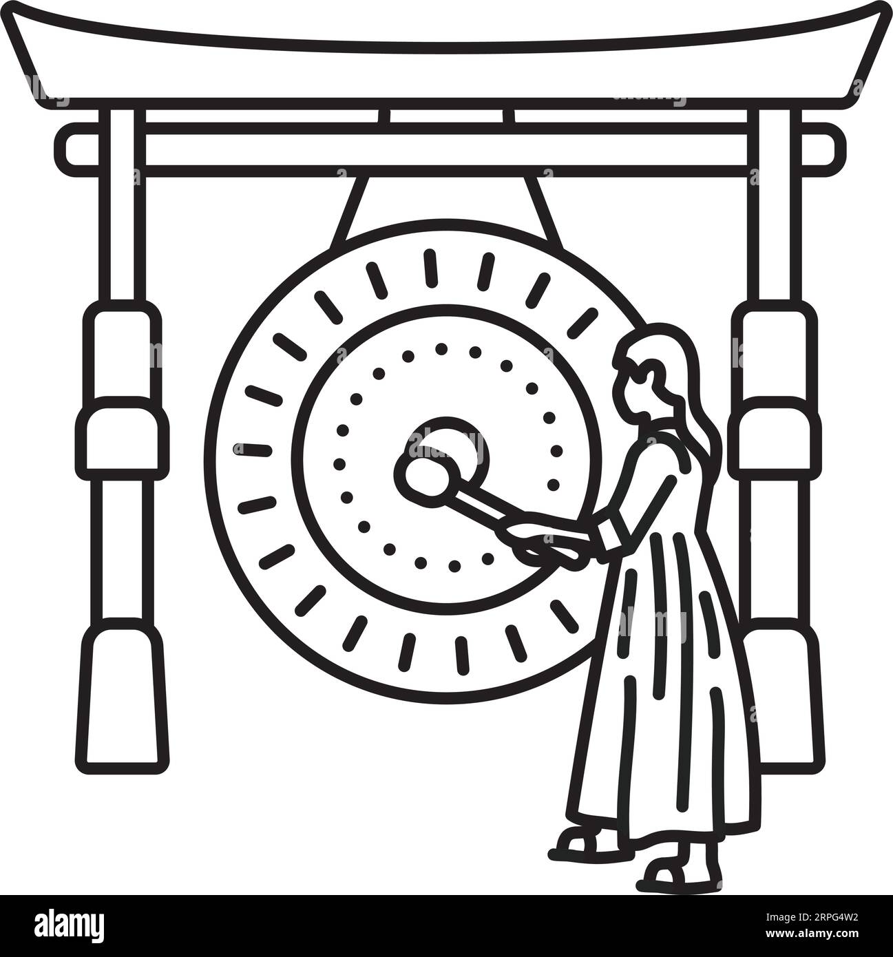 Femme asiatique battant une grande icône de ligne vectorielle de gong pour le jour du Gong le 21 juin Illustration de Vecteur