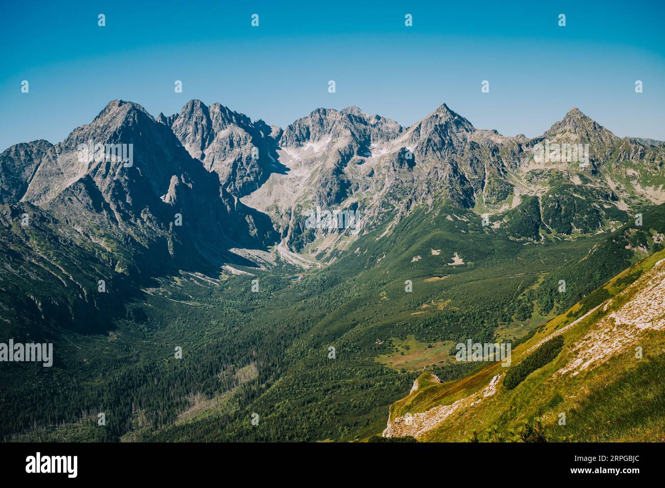 Vue sur les Hautes Tatras depuis les Belianske Tatras, mettant en valeur la majesté des montagnes slovaques sous un ciel bleu immaculé Banque D'Images