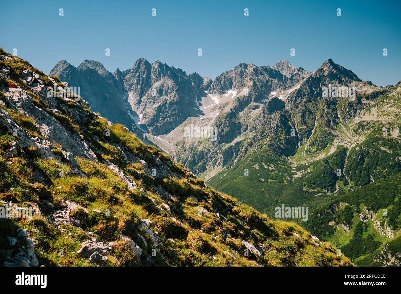 Hautes Tatras s'élevant comme des géants des pentes douces des Belianske Tatras, sur fond de ciel bleu pur Banque D'Images